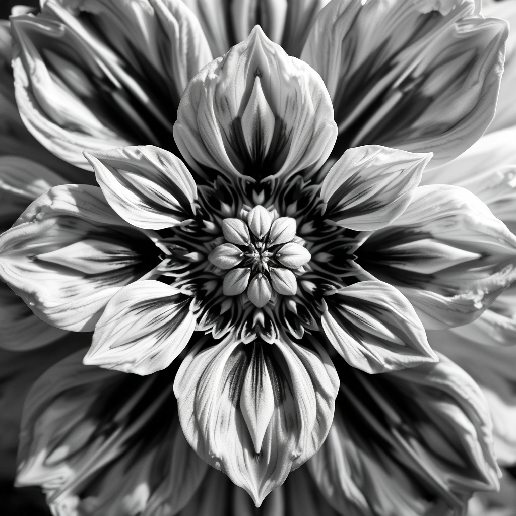 Generate an image of an intricate floral design in black and white, using a DSLR camera with a 50mm lens set at f/1.8, ISO 100, 1/200s shutter speed, in a top-down view, with natural light to enhance texture and detail.