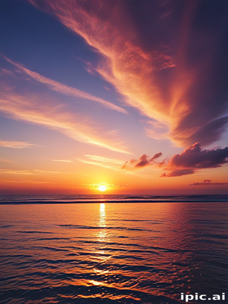 Stunning Sunset Over Calm Ocean Waters with Vibrant Colorful Clouds