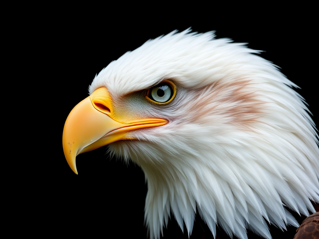 regenerate a close-up portrait of a bald eagle with a sharp focus on the details of its feathers and eye, using a DSLR camera with a 100mm macro lens, aperture f/2.8, ISO 200, and 1/500s shutter speed, in natural daylight with a dark background to emphasize the eagle's features