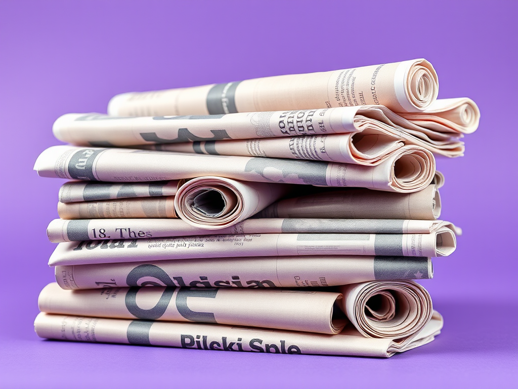 Create a high-resolution image of rolled newspapers stacked on top of each other with a purple background, using a DSLR camera with a 50mm lens, aperture set to f/2.8, ISO 100, and soft natural lighting to enhance texture and detail.