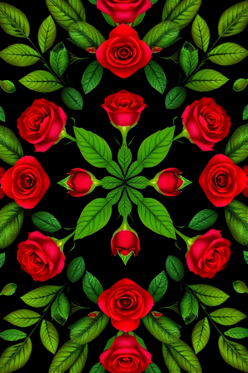 Create a symmetrical floral pattern featuring vibrant red roses and lush green leaves on a black background with a Canon EOS 5D Mark IV, 50mm lens, f/2.8 aperture, ISO 100, 1/125 sec exposure, macro photography style.
