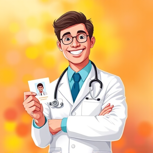 Create a digital illustration of a smiling doctor in a white coat, holding a patient ID card with a photo, set against a vibrant background, using a high-resolution 4K camera with a shallow depth of field, 50mm lens, ISO 100, f/1.8 aperture, and soft natural lighting.