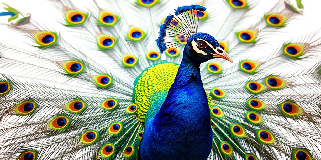Create a vibrant, detailed illustration of a peacock with its tail feathers fanned out, using a Canon EOS R5 with a 50mm f/1.2 lens, aperture at f/2.8, ISO 100, 1/200s shutter speed, in a bright, well-lit studio environment with a soft-focus background for depth.