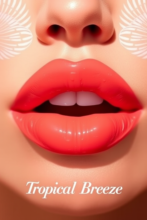 Vibrant coral sunset lips with a glossy finish, called "Tropical Breeze," featuring a subtle ombré effect and a plumping formula for fuller appearance
