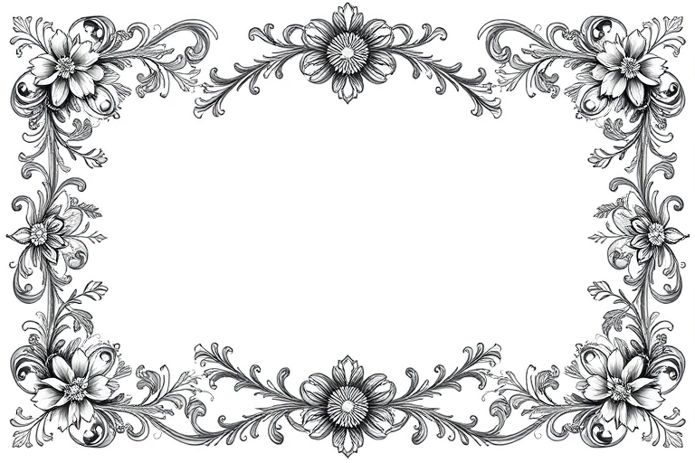 Create a detailed illustration of a vintage border design featuring two figures amidst ornate foliage and decorative elements, captured using a DSLR camera with a 50mm lens, aperture set to f/2.8, ISO 100, in natural light, maximizing clarity and texture.