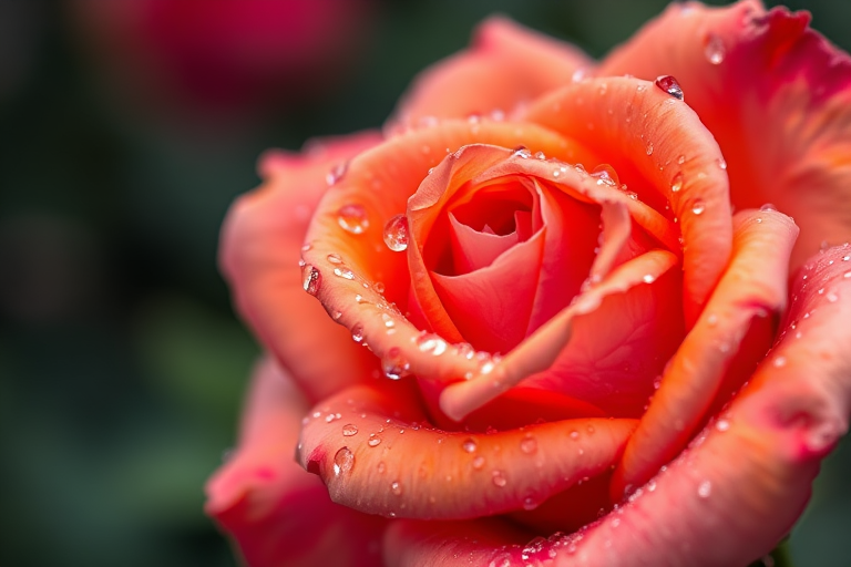 Capture a close-up of a dew-covered rose with vibrant orange and pink petals, using a macro lens at f/2.8, ISO 100, and a shutter speed of 1/200s, with a soft bokeh background for enhanced depth and clarity.