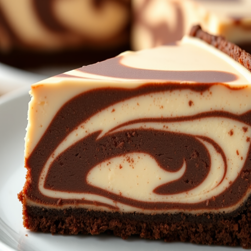 Create an image of a close-up slice of a marbled brownie cheesecake with a smooth creamy top and a rich chocolatey base showing distinct layers and swirls of light and dark chocolate. The edge of the cake should have a textured appearance with a golden-brown crust. The background should be softly blurred to emphasize the dessert.
