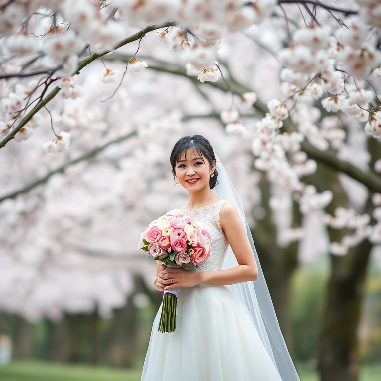 A bride standing under cherry blossom trees, holding a bouquet of pink flowers, soft focus with shallow depth of field, aperture f/1.8, ISO 100, 50mm lens, natural light, taken from a slightly low angle to emphasize the blossoms above her.