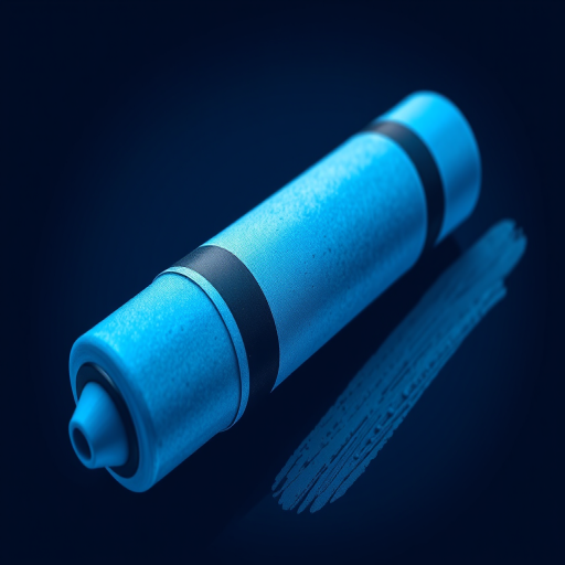 Create a detailed illustration of a blue crayon, using high contrast colors, with a focus on texture and shadows, captured with a Canon EOS R5 camera, 50mm lens, f/2.8 aperture, ISO 100, soft diffused lighting, and a slight top-down view for depth.