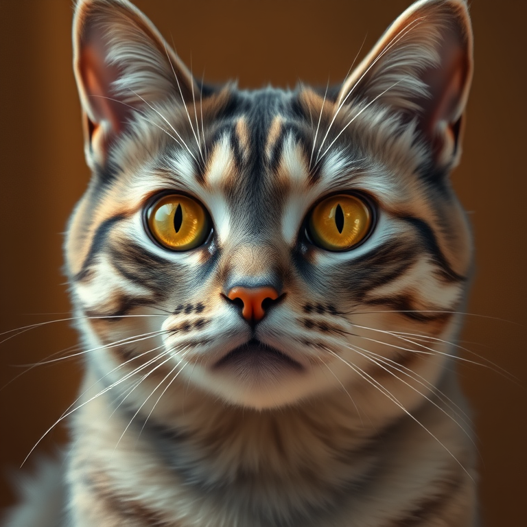 Create a digital painting of a cat with striking yellow eyes and a soft fur texture, using a close-up view with a Canon EOS R5, aperture f/2.8, ISO 100, and a 50mm lens to enhance detail and quality against a warm brown background.