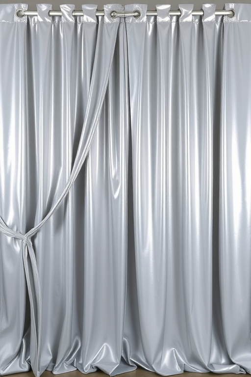 Generate an image of a long, flowing curtain made of shiny silver fabric, draped elegantly and gathered at the top with grommets.