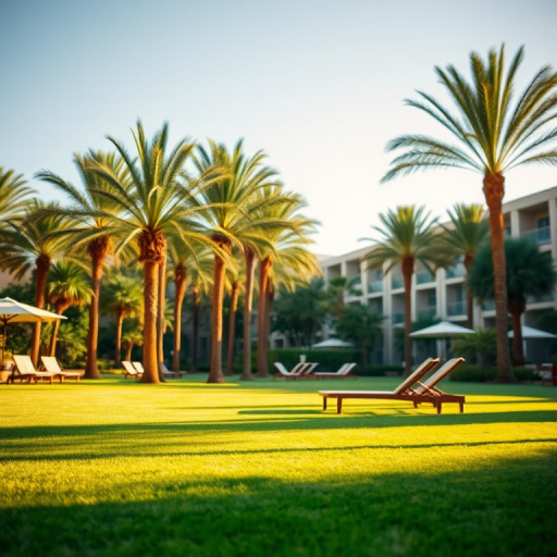 regenerate the image of a luxury resort lawn with palm trees and lounge chairs under a clear blue sky, using a DSLR camera, 35mm lens, aperture f/4, ISO 100, and a shallow depth of field for enhanced quality and focus on the foreground.