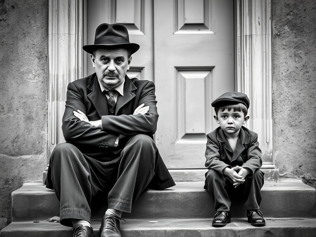 A black-and-white photograph of a man and a child sitting on steps in front of a doorway. The man is dressed as a tramp with a bowler hat, mustache, and ragged clothes, reminiscent of Charlie Chaplin's iconic look. He is sitting with his arms crossed and an expression of slight sadness or frustration. Next to him is a young boy, also in worn clothes and a cap, sitting with his hands clasped, looking thoughtful. The background is an old, textured wall and a partially open door, creating a vintage, early 20th-century atmosphere.