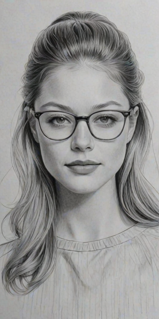 Magnificent Melissa Benoist, pencil sketch, portrait of Sublime woman 1963s in glasses, hair style beatnik, outline, clear lines, fine lines, 8k