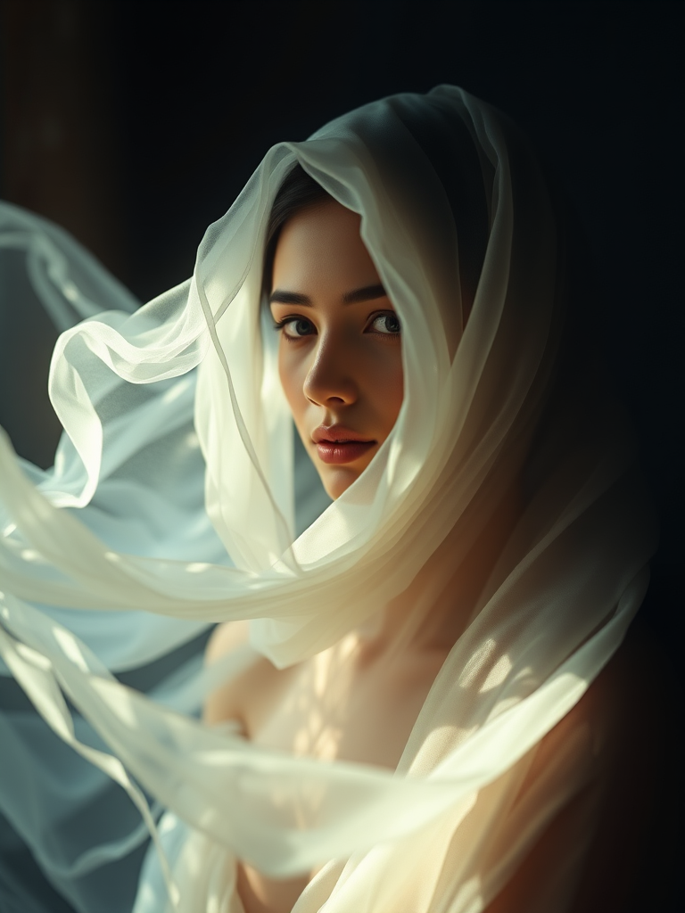 Create a mystical portrait of a figure shrouded in flowing, ethereal fabrics with dynamic light and shadow interplay, using a Canon EOS R5 with a 50mm f/1.2 lens at ISO 100, shutter speed 1/200s, aperture f/2.8, in soft focus with a backlight effect to enhance the dreamlike atmosphere.