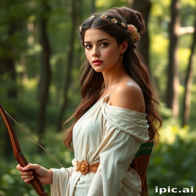 Create a portrait of a goddess-like female figure in a tranquil, forested environment. She has an elegant appearance with long, wavy hair styled in an updo and adorned with a delicate, floral headband. She wears a flowing, ancient Greek-inspired gown in a soft, pale color, featuring a one-shoulder design and draped fabric that accentuates her graceful form. The outfit includes a decorative belt with ornate gold detailing, and she holds a bow in her hand, with a quiver of arrows slung over her shoulder. The background depicts lush greenery, with sunlight filtering through the trees, casting a gentle, ethereal light on the scene. Her expression is calm and contemplative, embodying a sense of wisdom and serenity.