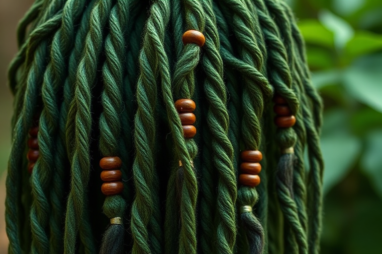 Lush forest green dreadlocks embellished with wooden beads, the "Earth Guardian" style celebrates nature and spiritual connection
