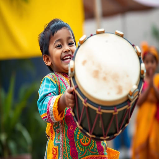 Capture a joyful child performing with a traditional drum and vibrant attire, focus on the spinning tambourine in mid-air, shot with a Canon EOS R5 at f/2.8, ISO 100, 1/1000s, using a 50mm lens in natural daylight for sharp details and vivid colors.