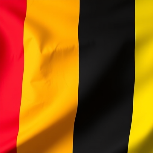 Generate an image of the Belgian flag with vivid colors, using a DSLR camera with a 50mm lens, aperture set to f/8, ISO 100, and a slight vignette effect for enhanced impact, captured from a frontal view.