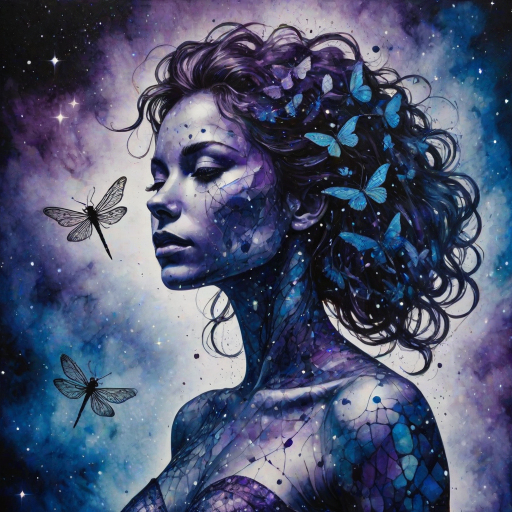 Captivating conceptual render alcohol ink art, double exposure, the paint strokes artfully merge combining a woman's full silhouette with a Delicate dragonfly's silhouette. The figures are composed of a series of colored dots, lines & spots that evoke the image of a cosmic galaxy, colors are deep shades of blue purple & black with flashes of white & silver representing distant stars. The woman's silhouette is formed within the lion's silhouette from constellations of scattered stars, surreal