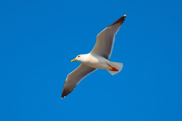 seagull flying against a clear blue sky, captured with a Canon EOS 5D Mark IV, 70-200mm lens, f/4 aperture, 1/1000s shutter speed, ISO 200, sharp focus, dynamic angle, natural lighting