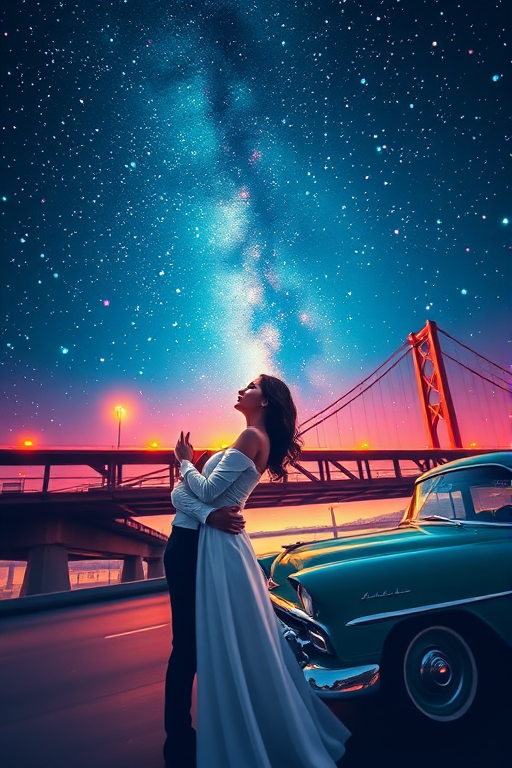 romantic couple embracing under starry night sky with bridge and retro car, vibrant colors, 85mm lens, f/1.8 aperture, ISO 100, low-angle view, digital painting style, high-resolution image