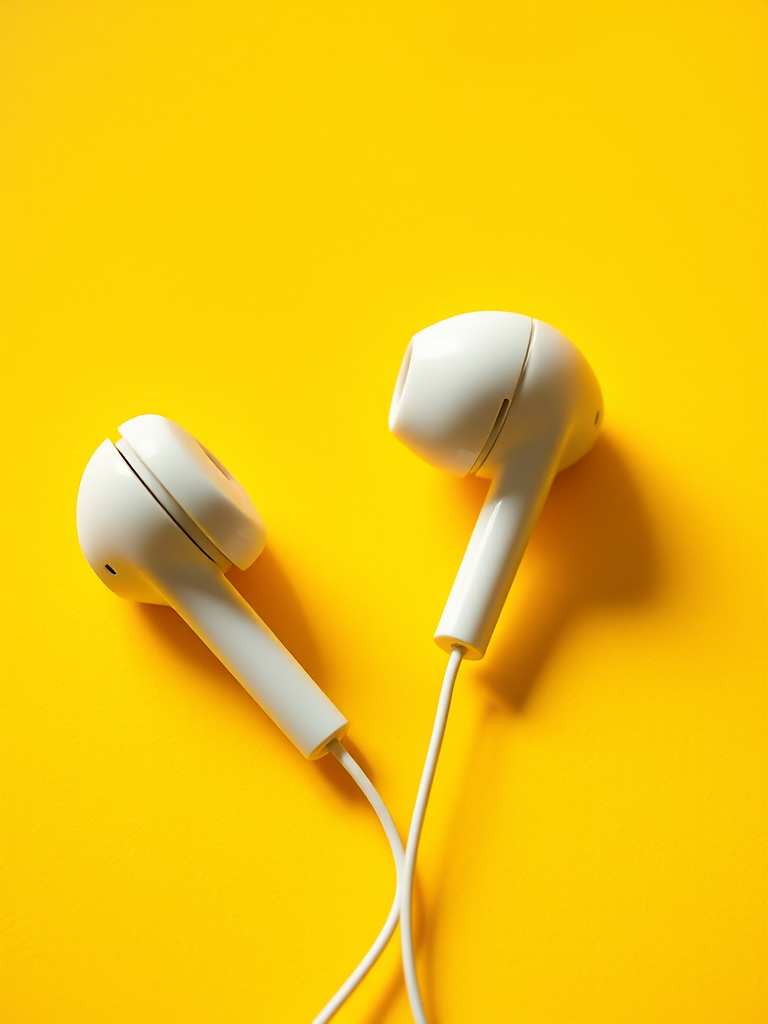 high-quality image of white earphones on a vibrant yellow background, shallow depth of field, ISO 100, f/2.8, 50mm lens, natural light, top-down view, DSLR camera