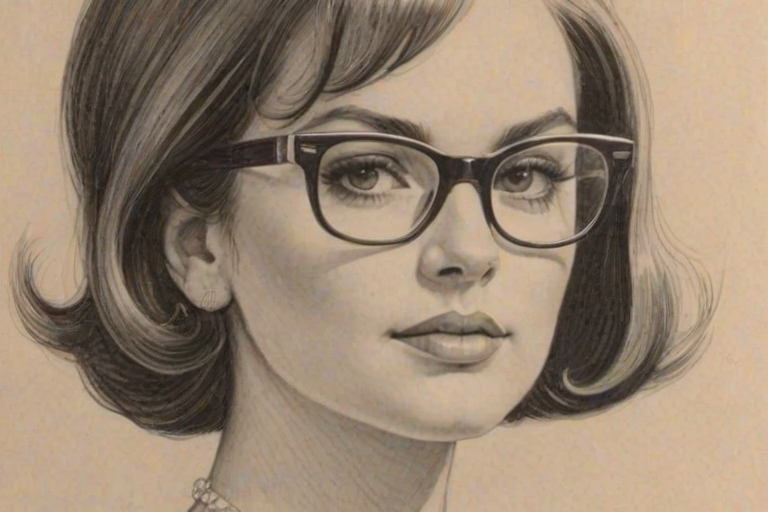 Sublime Charley Koontz, pencil sketch, portrait of Elegant woman 1960s in glasses, hair style beatnik, outline, clear lines, fine lines, 8k