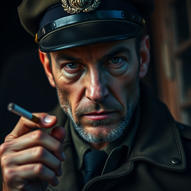 Create a high-resolution portrait of a stern man in military attire, holding a cigarette, with dramatic lighting, using a DSLR camera, 50mm lens, f/1.8 aperture, ISO 100, shutter speed 1/200s, in a close-up view, with a soft focus background to emphasize details and textures.