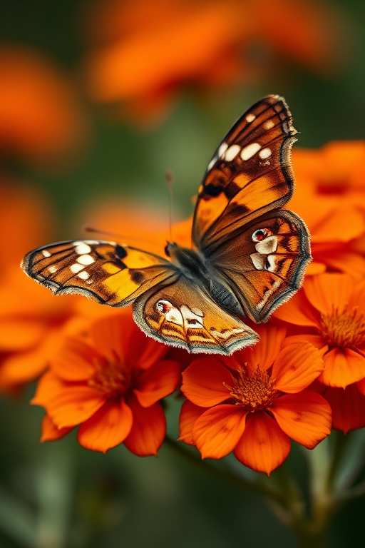 Generate an image of a butterfly resting on vibrant orange flowers. The butterfly should have brown wings adorned with white spots, showcasing intricate details. The background should be softly blurred to emphasize the butterfly and the flowers.