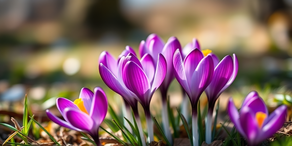 Close-up shot of vibrant purple crocus flowers in a natural setting, f/2.8 aperture, 50mm lens, 1/200s shutter speed, ISO 100, soft bokeh background, natural light, DSLR camera.