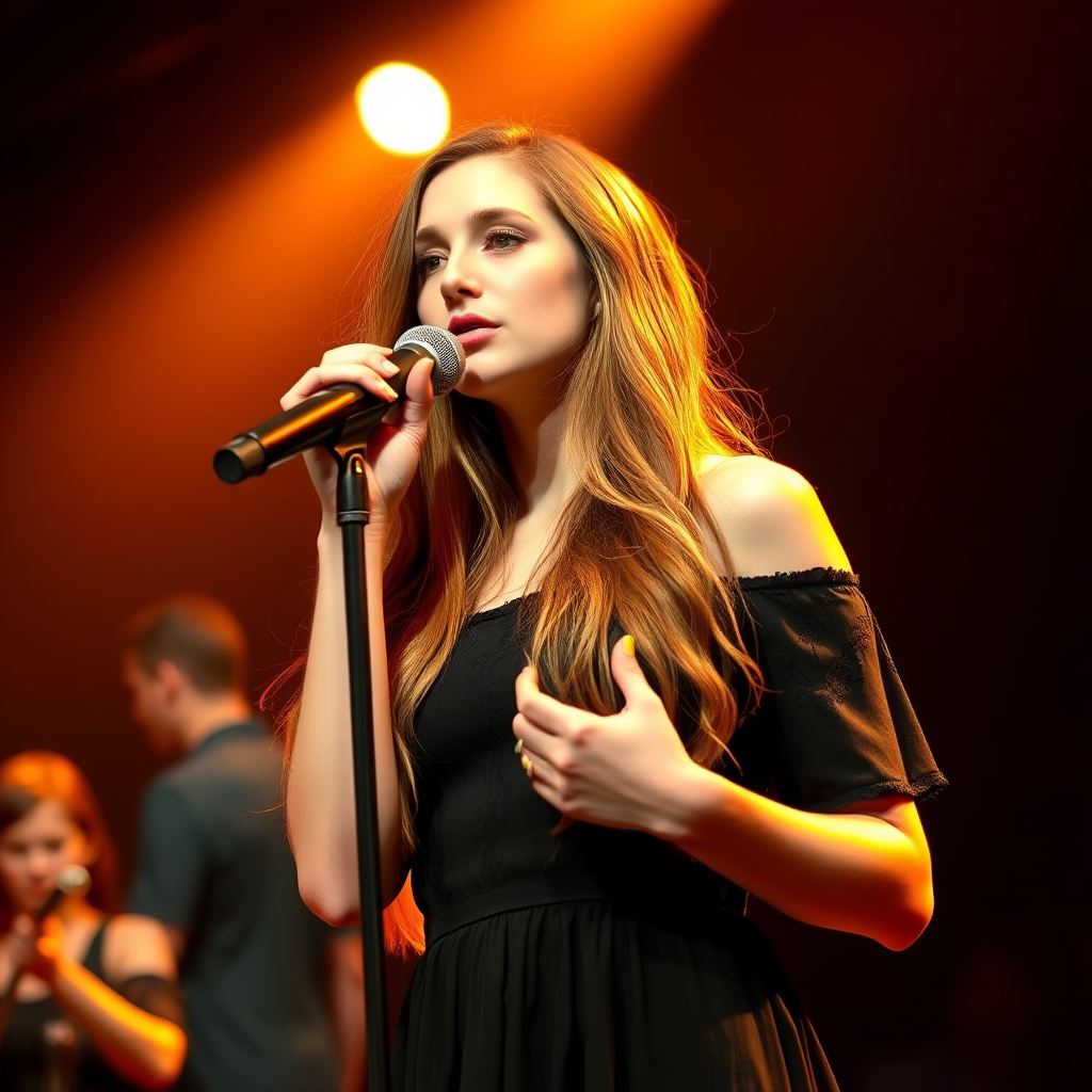 A young woman with long, flowing brown hair is standing in the center of the frame, holding a microphone in her right hand, and looking slightly off to the right side of the frame. She is wearing a black, off-the-shoulder dress with delicate lace detailing. The lighting is warm and dramatic, creating a spotlight effect on the singer. There are other figures in the background, blurred and out of focus, suggesting a concert or performance setting. The camera angle is low, capturing the woman from the waist up. The overall atmosphere is intimate and captivating.