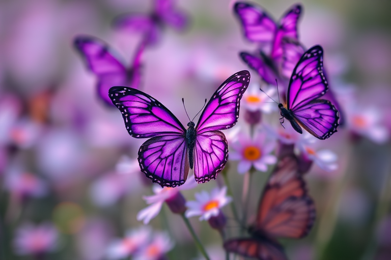 Create a vibrant and soft background featuring various purple butterflies with an emphasis on detail, shot with a DSLR camera at f/2.8, ISO 100, with a macro lens, in portrait orientation, capturing a dreamy and whimsical style with a shallow depth of field.