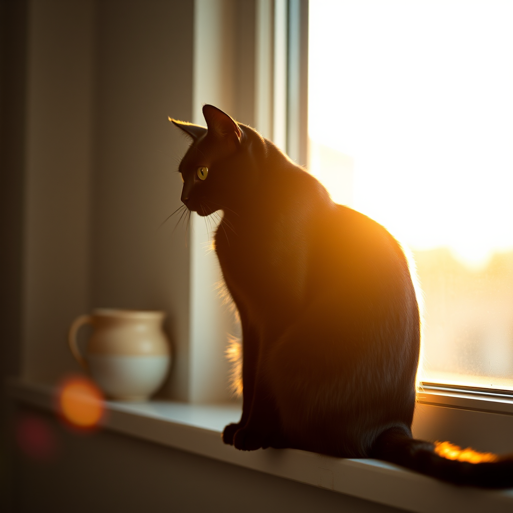 Generate an image of a sleek black cat sitting gracefully on a sunlit windowsill, with a warm golden hue reflecting off its fur, captured in high resolution with a Canon EOS R5, using a 50mm f/1.2 lens, at ISO 100, aperture f/2.8, and a soft bokeh effect in the background for depth.