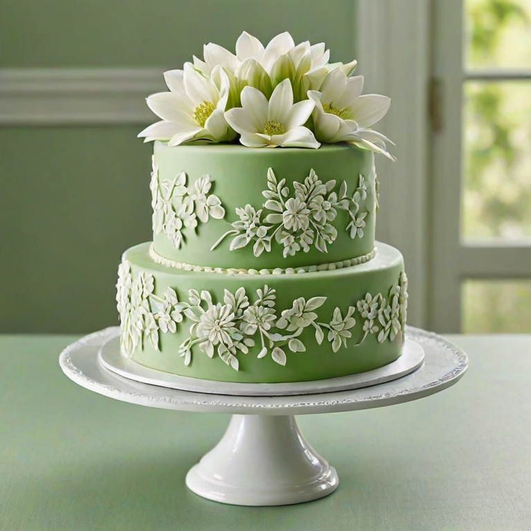 Create an elegant three-tiered cake decorated with intricate white flower designs. The top tier features a stunning bouquet of white flowers in a clear vase. The cake is set against a soft green background, enhancing its delicate features.
