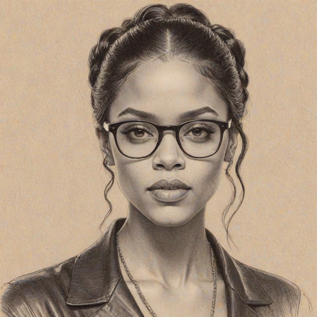 Alluring Bianca Lawson, pencil sketch, portrait of Resplendent woman 1924s in glasses, hair style beatnik, outline, clear lines, fine lines, 8k