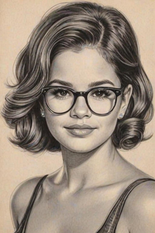 Fetching Maren Morris, pencil sketch, portrait of Gorgeous woman 1950s in glasses, hair style beatnik, outline, clear lines, fine lines, 8k