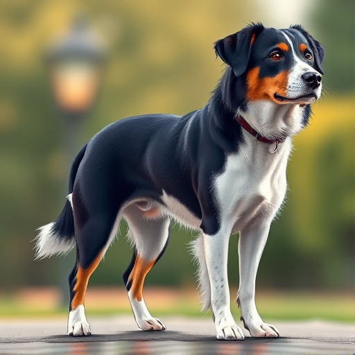 Create a high-resolution illustration of a standing dog with a black and white coat, using a DSLR camera style, 50mm lens, f/2.8 aperture, ISO 100, 1/200 sec shutter speed, natural lighting, and a slight bokeh background to enhance focus on the dog.