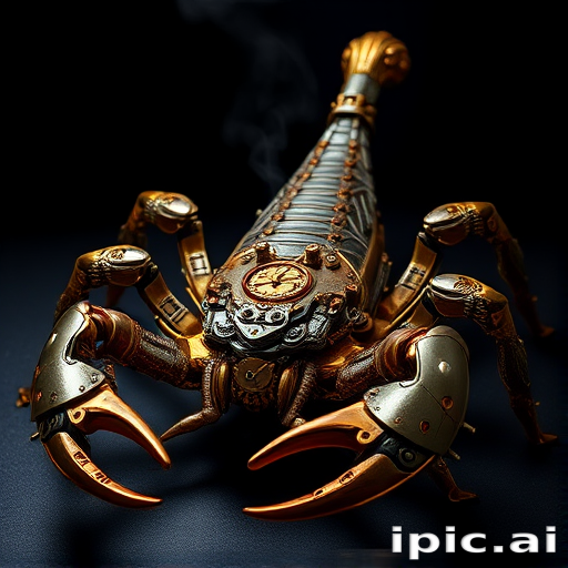 Create a high-intensity, high-resolution image of a steampunk scorpion, featuring intricate clockwork mechanisms and brass gears. The scorpion should have metallic limbs with elaborate jointed segments, showcasing a blend of Victorian-era aesthetics and futuristic technology. The body should be adorned with cogwheels, pistons, and small steam vents emitting a subtle mist, the front pinchers should up up and open. Capture the scene with dramatic lighting to emphasize the mechanical details, giving it a sense of motion and life