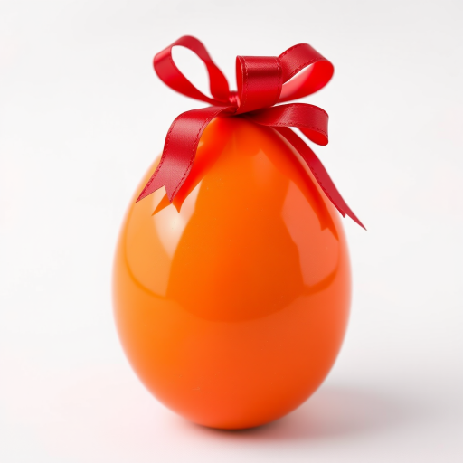 Create a vibrant, glossy orange egg with a shiny red bow and ribbon on top, set against a soft white background, photographed with a DSLR camera at f/2.8 aperture, 50mm lens, macro view, and a shallow depth of field to highlight the egg's shine and texture.