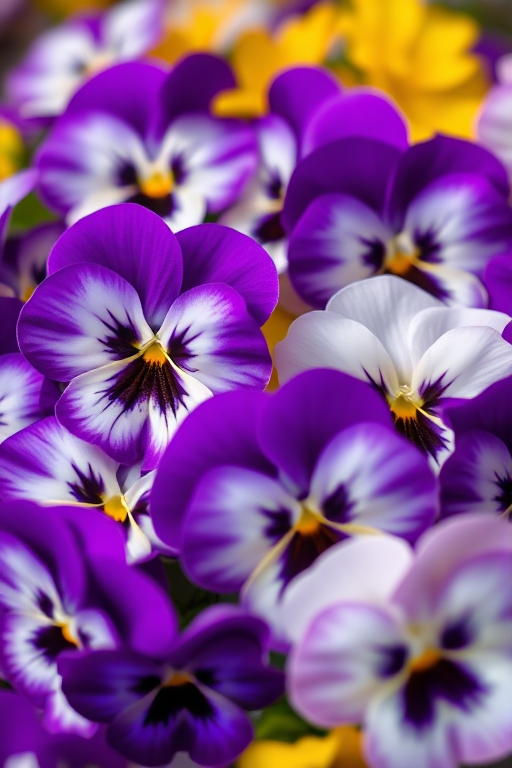 macro shot of a vibrant arrangement of pansies in shades of purple, white, and yellow, natural light, f/2.8 aperture, 50mm lens, shallow depth of field, DSLR camera