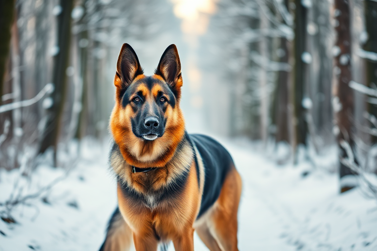 A majestic German Shepherd standing in a snowy forest path, soft focus background, natural lighting, 50mm lens, f/1.8, ISO 200, shutter speed 1/200s, shot with a DSLR camera.