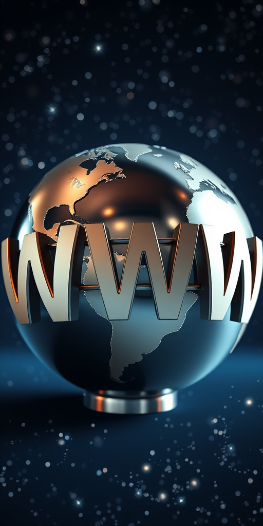 A metallic globe with the letters WWW wrapped around it, set against a starry space background, shot with a DSLR camera, 24mm lens, f/8 aperture, ISO 200, 1/100 sec shutter speed, in high resolution with vibrant colors and enhanced depth of field.