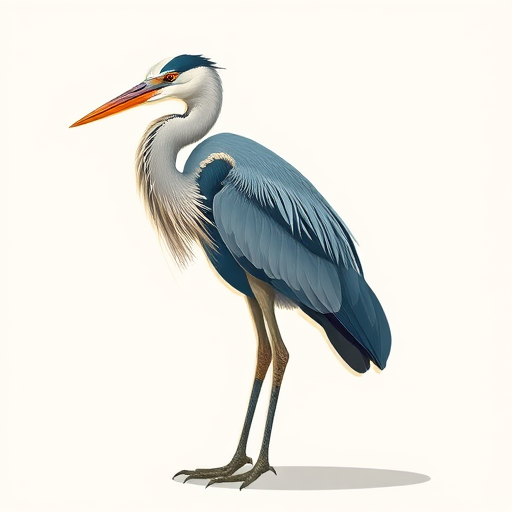 Create a detailed illustration of a heron standing elegantly, featuring vibrant colors and intricate feather details, using a high-resolution digital art style, with a focus on natural lighting, and a slightly tilted angle to capture its posture, emulating a DSLR camera with a 50mm lens at f/2.8 aperture.