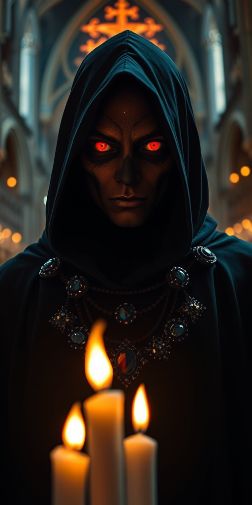Regenerate the image of a dark, mystical figure with red eyes wearing a black cloak adorned with jewels, set against a lit cathedral backdrop with flickering candles, using a Canon EOS R5 with a 50mm f/1.2 lens, aperture set to f/1.2, ISO 100, shutter speed 1/200s, shooting from a low angle perspective for dramatic effect.