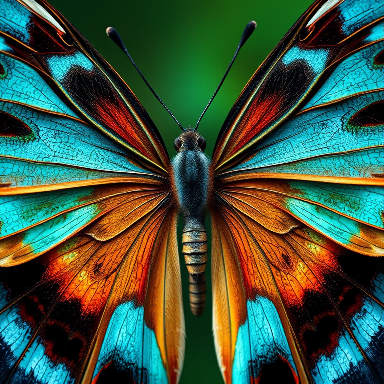 Create a highly detailed illustration of a butterfly with vibrant teal and brown colors, using a macro lens at f/2.8, shot from a top-down perspective with a DSLR camera to enhance clarity and depth.