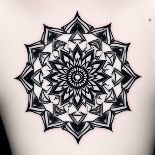 Intricate blackwork geometric tattoo called "Sacred Symmetry" showcasing a complex pattern of interconnected triangles, circles, and hexagons forming a mesmerizing mandala-like design, with bold solid black lines and precise dotwork shading creating depth and dimension in a striking monochromatic style