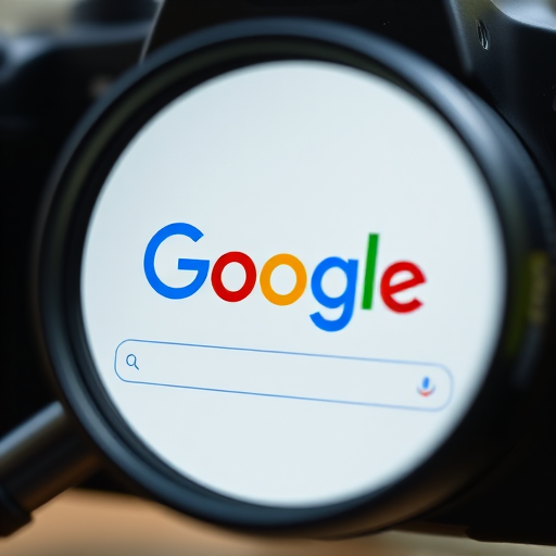 Create a close-up shot of a magnifying glass reflecting the Google homepage, using a DSLR camera at f/2.8 aperture, ISO 100, 50mm lens, and a natural light setting to enhance image clarity and detail.