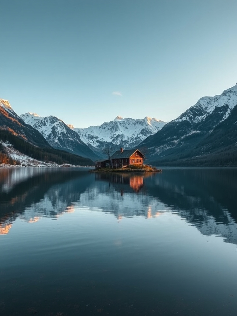 Generate a serene landscape image of a tranquil lake surrounded by snow-capped mountains, featuring a quaint house by the water, captured at dawn with soft natural light, using a DSLR camera with a 24mm lens, aperture set to f/8, shutter speed at 1/60 sec, ISO 100, and a wide angle view to emphasize the reflection on the water surface.
