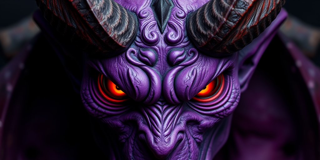 portrait of a powerful demon with purple skin and sharp horns, intense red eyes glowing, close-up shot, 50mm lens, aperture f/1.8, ISO 200, soft studio lighting, high contrast, professional photography style